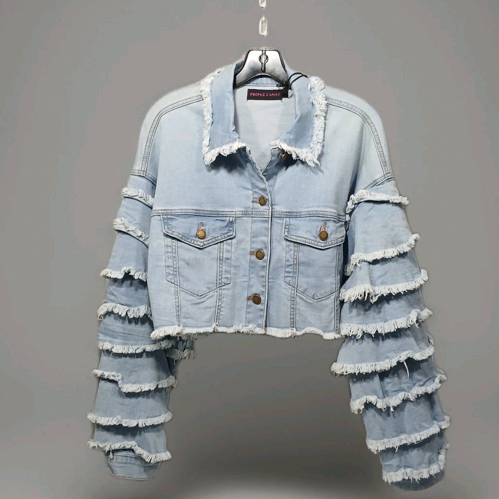 Tiered Ruffle Sleeve Cropped Denim Icy Blue Boho Jean Jacket Wms Large‎